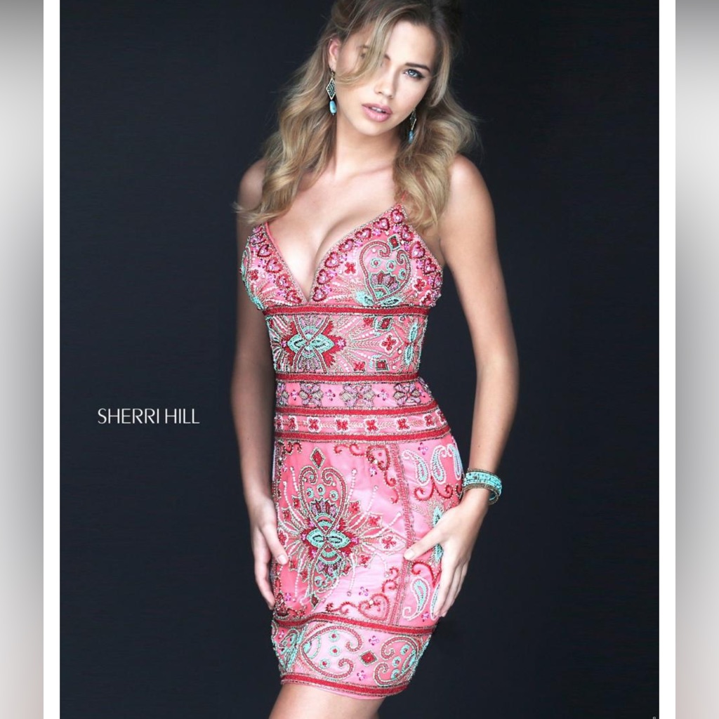 Sherri Hill Style 50473 Coral / Multi Colored Embroided Cocktail Dress Size 6
